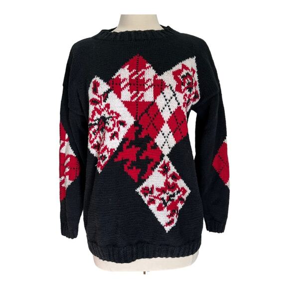 Izod Vintage Plaid Argyle Holiday Christmas Sweater Medium - Picture 1 of 12
